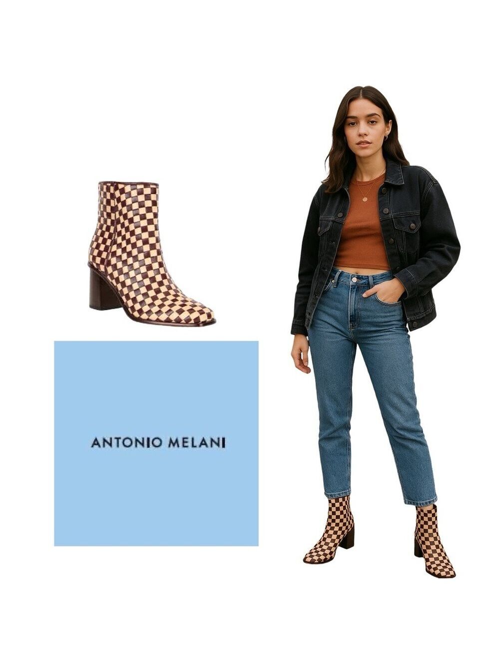 NWOB $158 Antonlo Melani Leather-soled Checkered Leather Boots